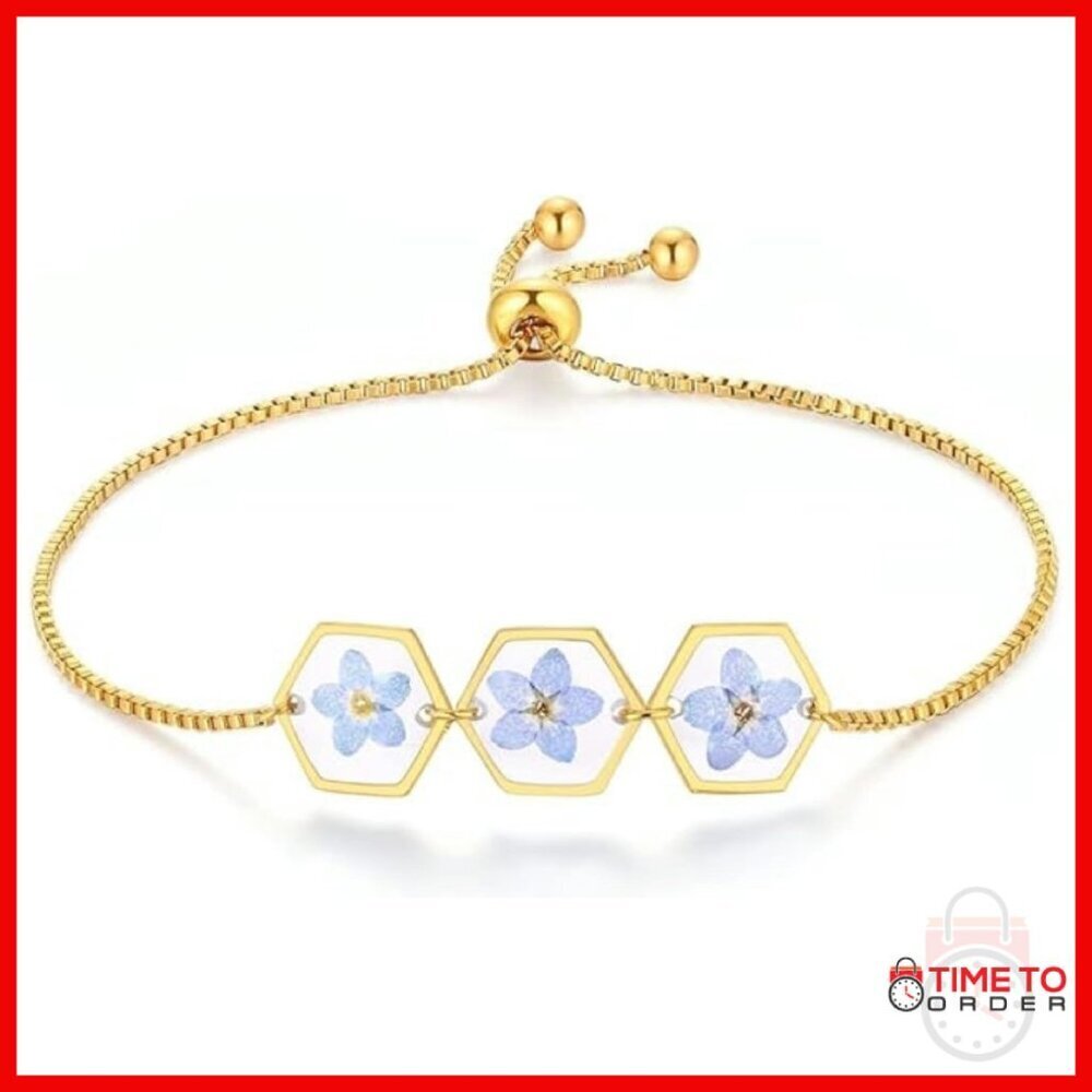 Stainless Steel Adjustable Bracelet with Real Pressed Flowers, Gold Tone
